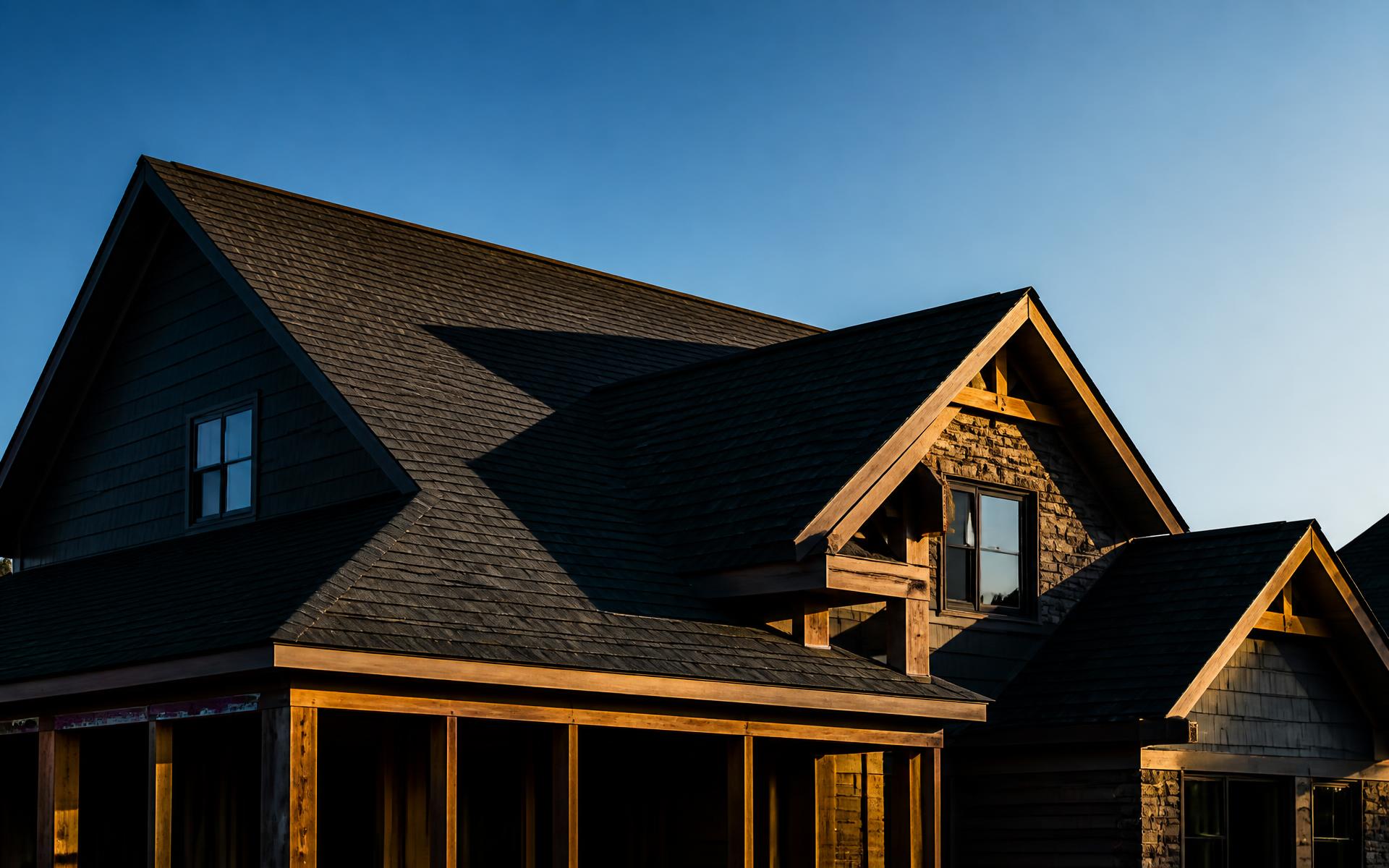 Newly installed shingle roof at golden hour